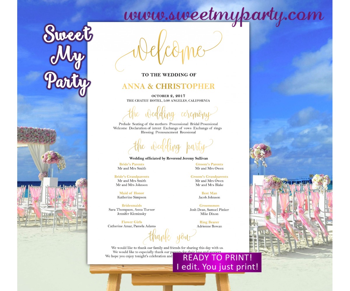 Gold Wedding Welcome Sign with program,Gold Wedding Program sign,(025w)